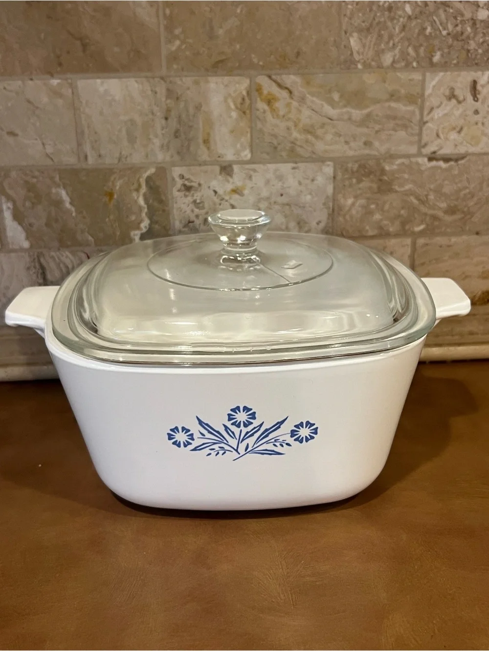 Corningware White Casserole with Blue Cornfloweri Motif and Glass Lid